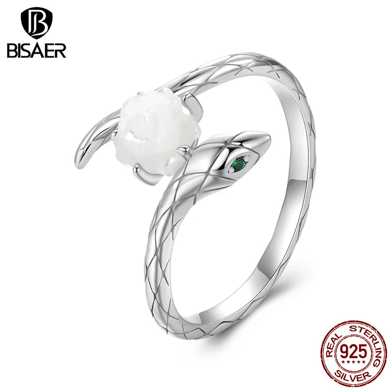 Bague ouverte BISAER en argent sterling 925 avec rose blanche et serpent, taille réglable 5 à 9, bande plaquée or blanc pour femme, bijoux fins de fête