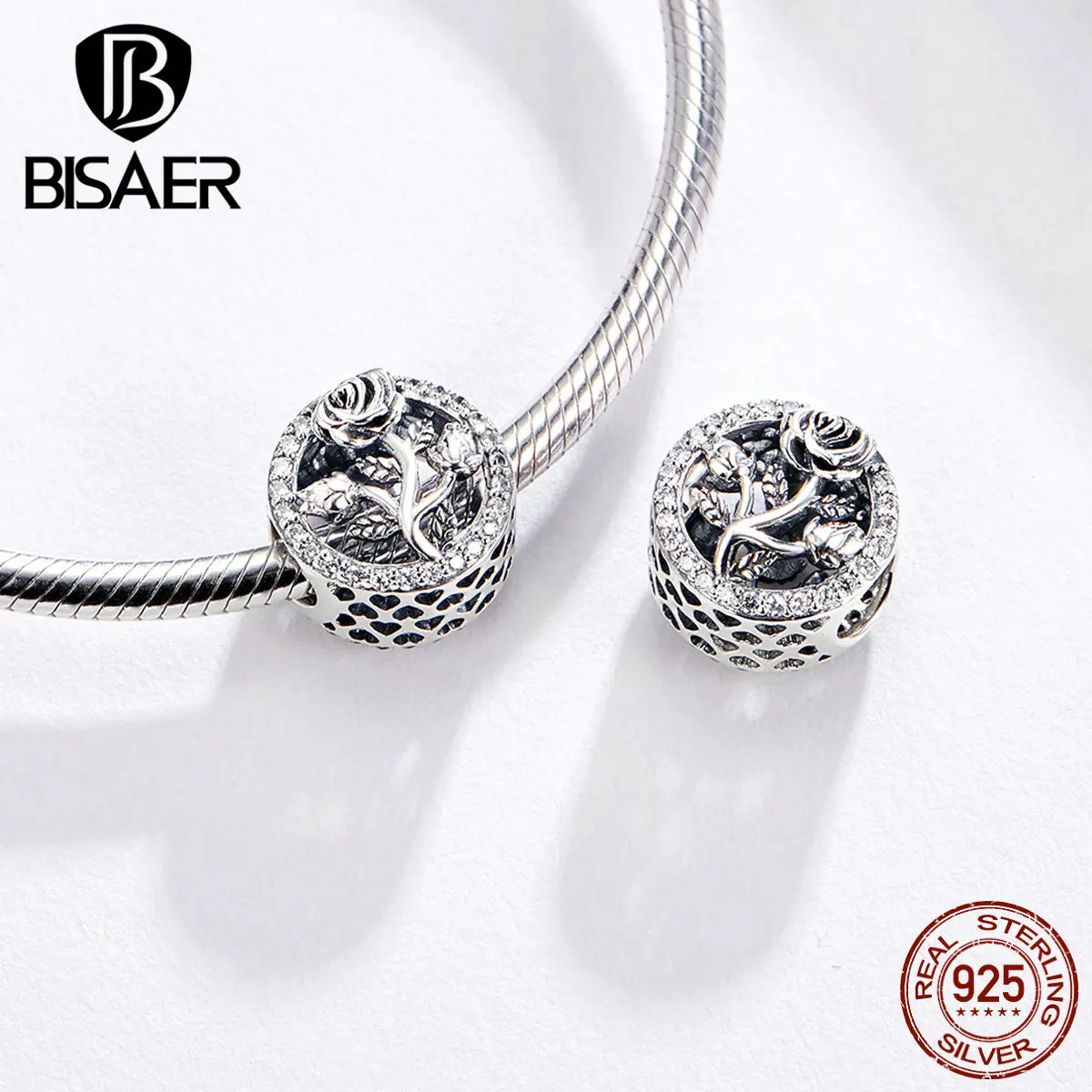 BISAER 100% 925 Sterling Silver Vintage Heart Charm Bead Four Leaf Clover Pendant Fit Women DIY Necklace Bracelet Fine Jewelry