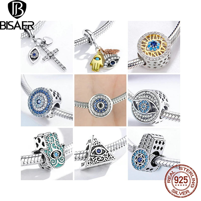 BISAER 925 Sterling Silver Vintage Blue Demon Eye Charm Bead Main de Fatima Pendentif Fit Femme Original Bracelet Fine DIY Bijoux