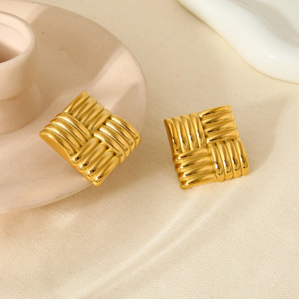 INS Trend 18K PVD Gold Plated Stainless Steel Chunky Knot Square Statement Stud Earrings Texture Post Earring Jewelry Gift