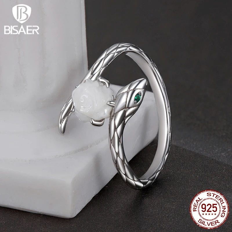 Bague ouverte BISAER en argent sterling 925 avec rose blanche et serpent, taille réglable 5 à 9, bande plaquée or blanc pour femme, bijoux fins de fête