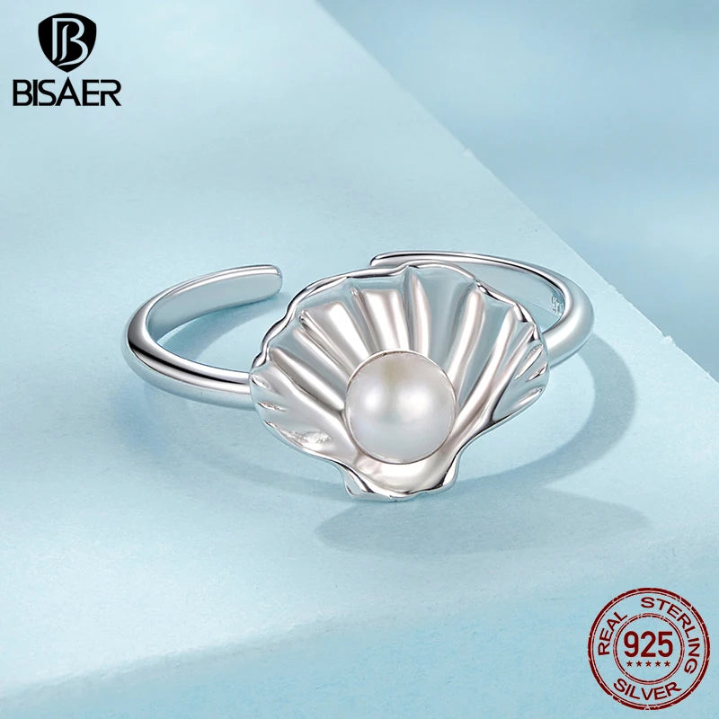 BISAER Bague ouverte en argent sterling 925 avec coquillage et perle, taille réglable 5 à 9, bande plaquée or blanc pour femme, bijoux fins de fête ECR1077