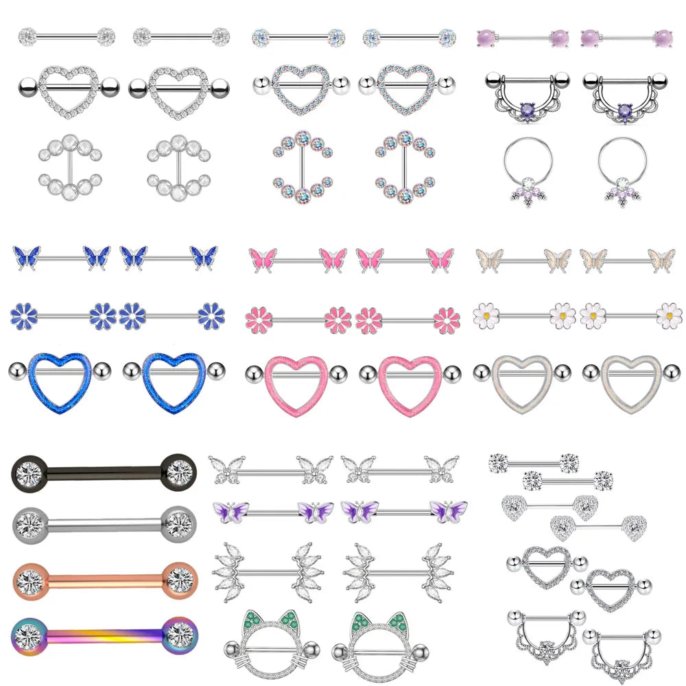 Mixed-style Nipple Ring Sets 3 Pairs Flower Heart Butterfly Nipple Piercing Lot Stainless Steel Cute Cat Bear Shield Bar Jewelry