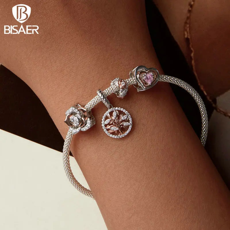 BISAER 925 Sterling Silver Little Prince&Rose Charm Bead Bellflower Princess Heart Cross Shell Pendant Fit DIY Bracelet Jewelry