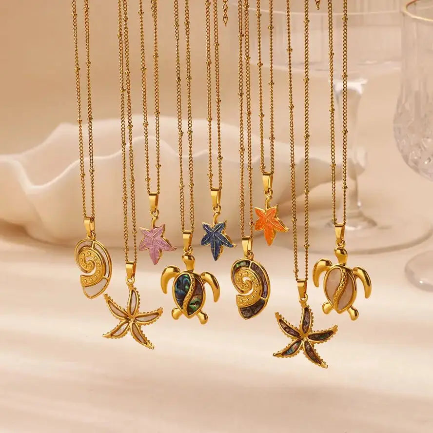 Colorful Starfish Sea Turtle Necklace For Women Gold Color Stainless Steel Turtle Necklace Wedding Christmas Boho Jewelry Gift