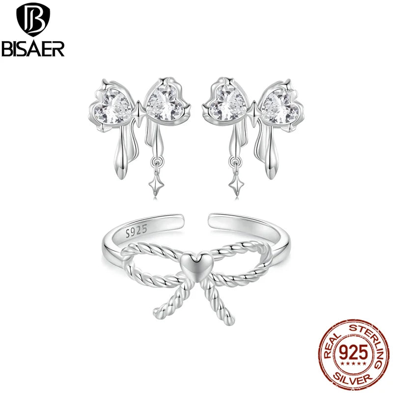 BISAER Real 925 Sterling Silver Twisted Bowknot Open Ring Stud Earrings Plated White Gold for Women Party Original Fine Jewelry