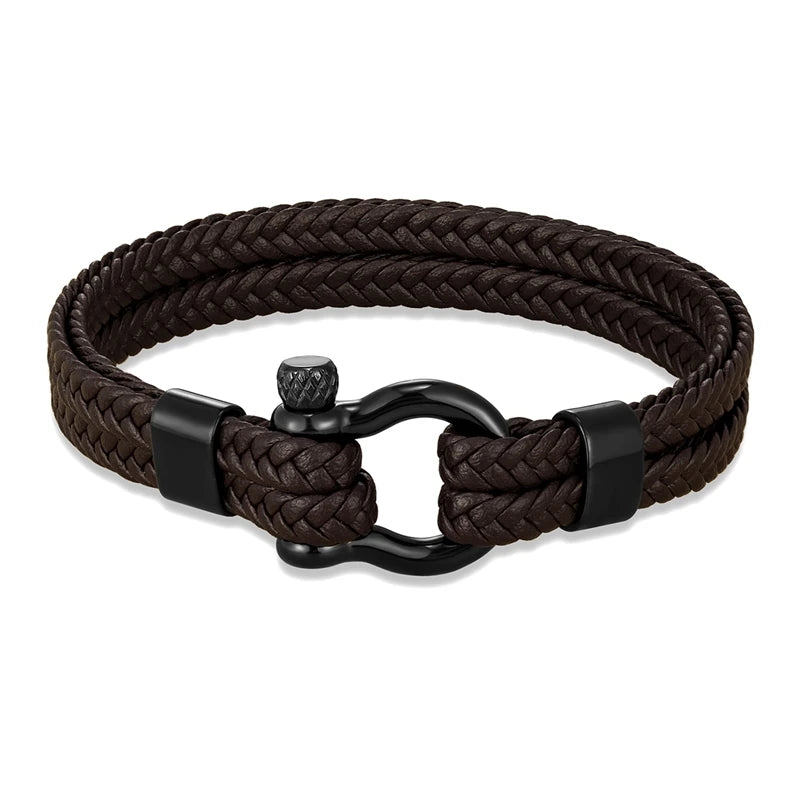 Men Multilayer Woven Leather Bracelet Fashion Stainless Steel Horseshoe Shackle Buckle with Screw Bracelet Jewelry for Women