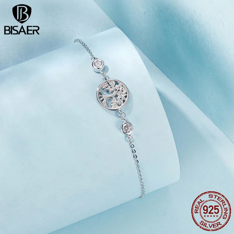 BISAER 925 Sterling Silver Tree of Life Bracelet Adjustable Charm Chain Plated White Gold for Women Party Fine Jewelry ECB288