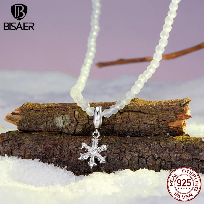 BISAER 925 Sterling Silver Ice Flower Pendant Necklace Charm Bead Adjustable Chain Plated White Gold for Woman Fine Jewelry