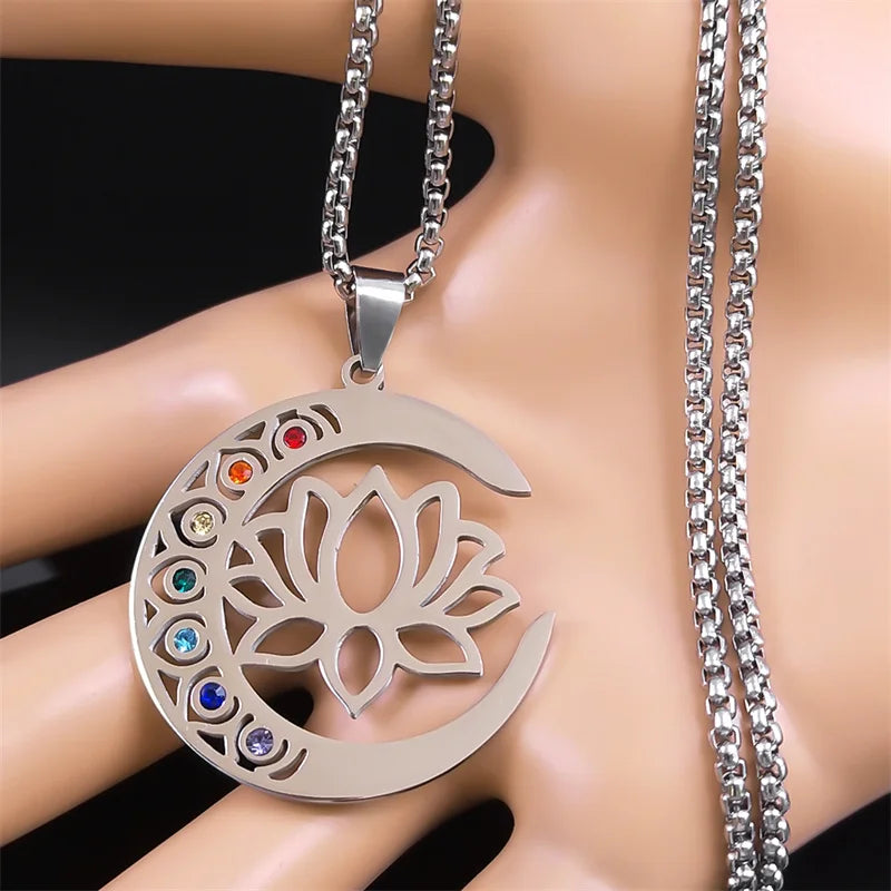 Flower Lotus Moon Pendant Necklace for Women Men Stainless Steel Silver Color 7 Chakra Healing Balance Chain Jewelry N9725S02