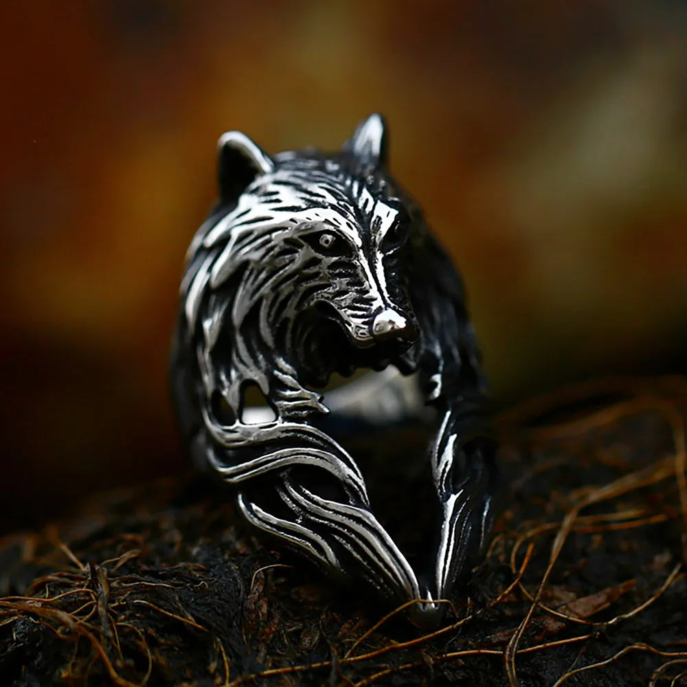 Punk Vintage Black Wolf Head Ring For Men 316L Stainless Steel Gothic Hip Hop Animal Rings Fashion Amulet Jewelry Gift Wholesale