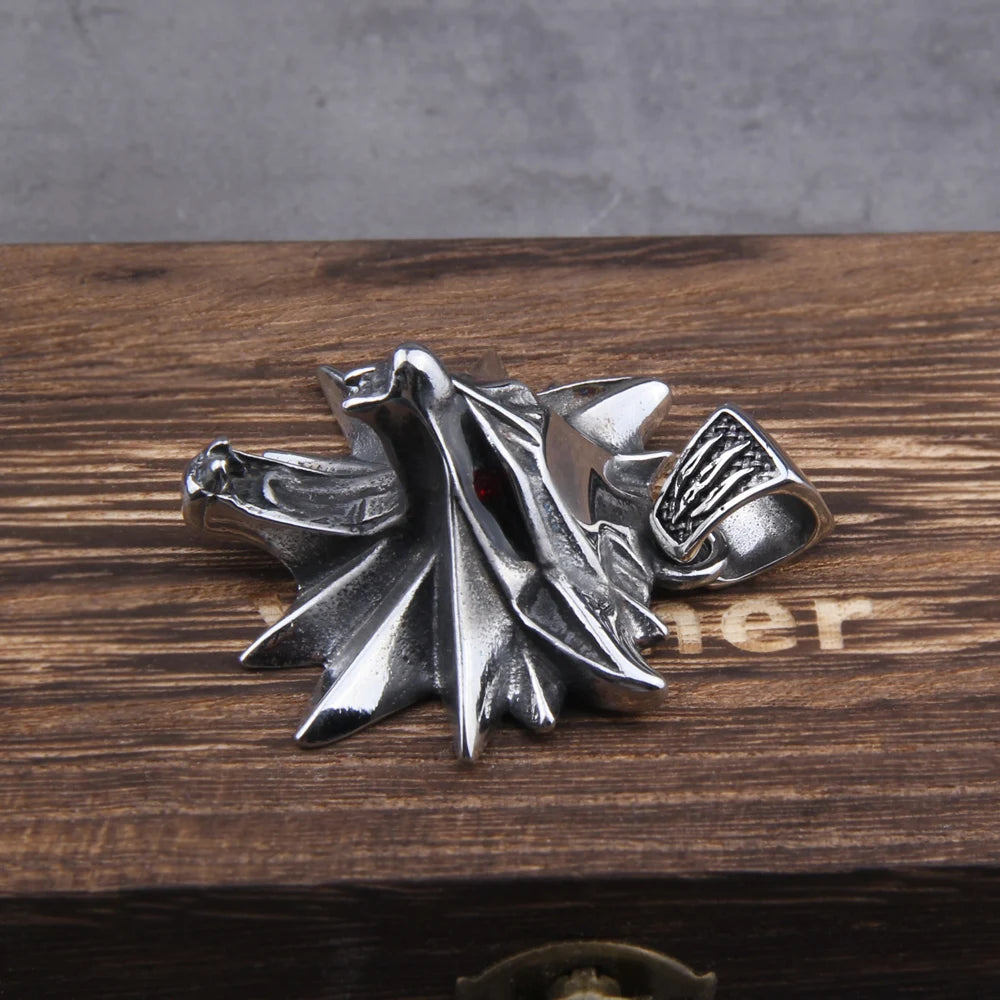 Stainless Steel Viking wolf head pendant necklace with wooden box