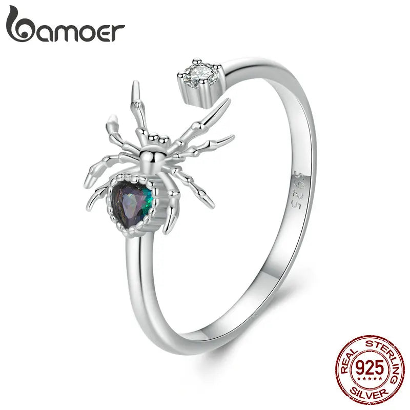 BAMOER Genuine 925 Sterling Silver Spide Open Ring for Women Halloween Finger Ring Fine Jewelry Birthday Gift SCR1071-E