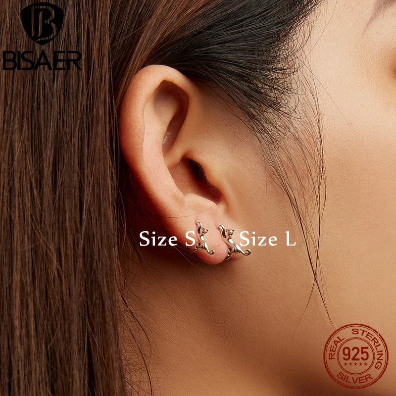 BISAER 100% 925 Sterling Silver Cute Cat Hoop Earrings 4 Colors Pet Animal Ear Clip For Women Party Original Fine Jewelry Gift