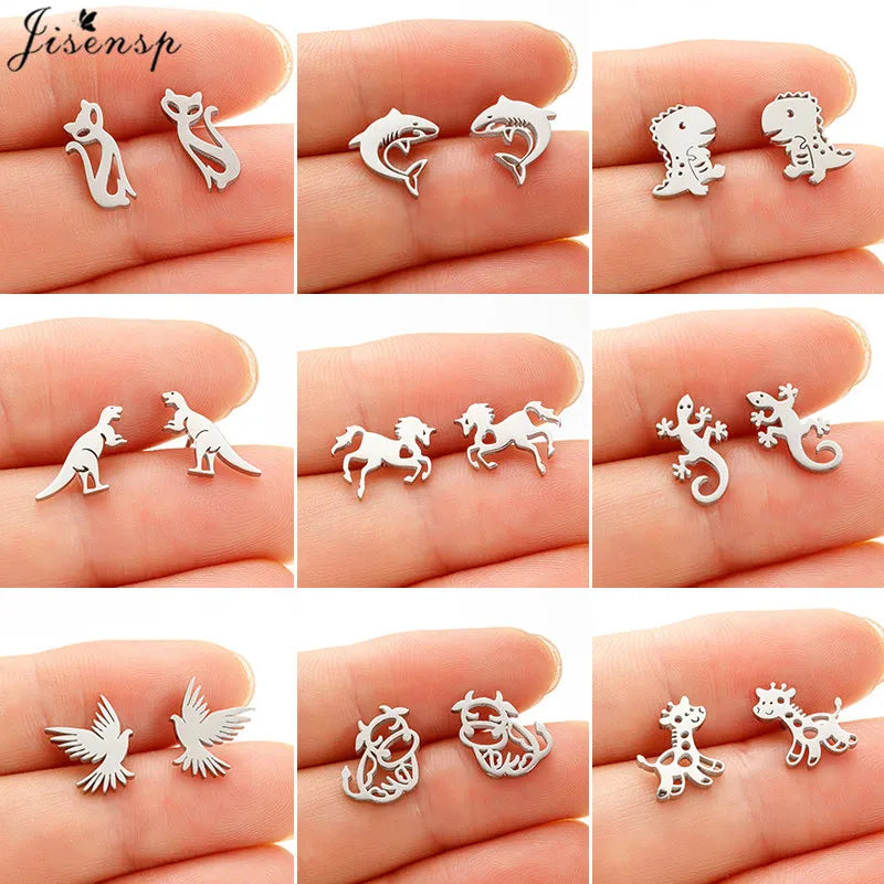 Cute Animal Stainless Steel Earrings Women Fashion 2024 Jewelry Horse Shark Dinosaur Swallow Earings Small Cat Ear Studs Bijoux