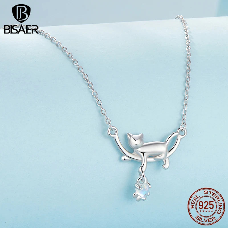 BISAER Cute Cat Necklace 925 Sterling Silver Heart Moonstone Chain Plated White Gold for Wenmen Party Original Fine Jewelry Gift