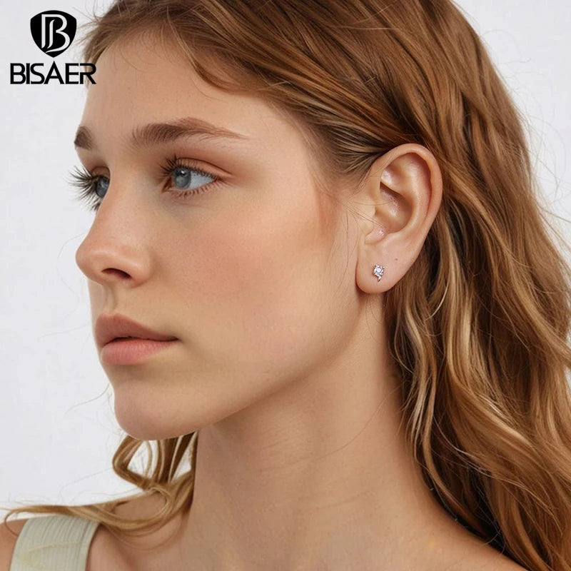 BISAER Real 925 Sterling Silver Ice Cube Cube Stud Earrings Sparkling Zircon Stud Ear For Women Party Original Fine Jewelry Gift