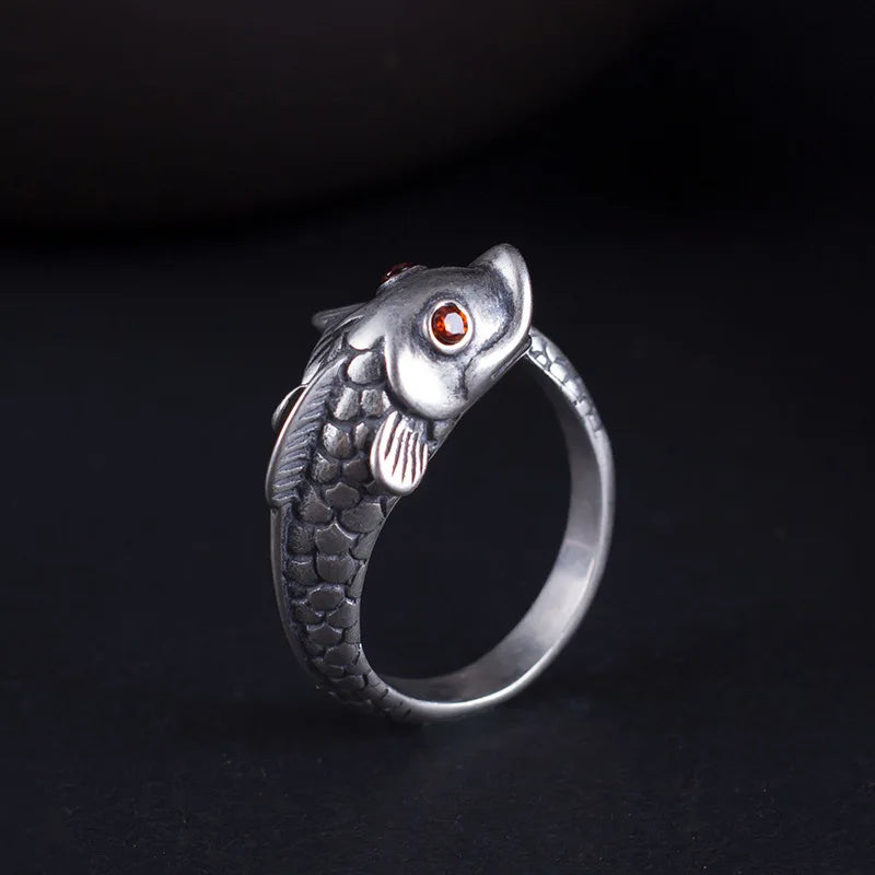 MKENDN Vintage Red Eyes 925 Sterling Silver Koi Adjustable Ring For Men Women Gothic Trendy Street Hip Hop Dark Jewelry