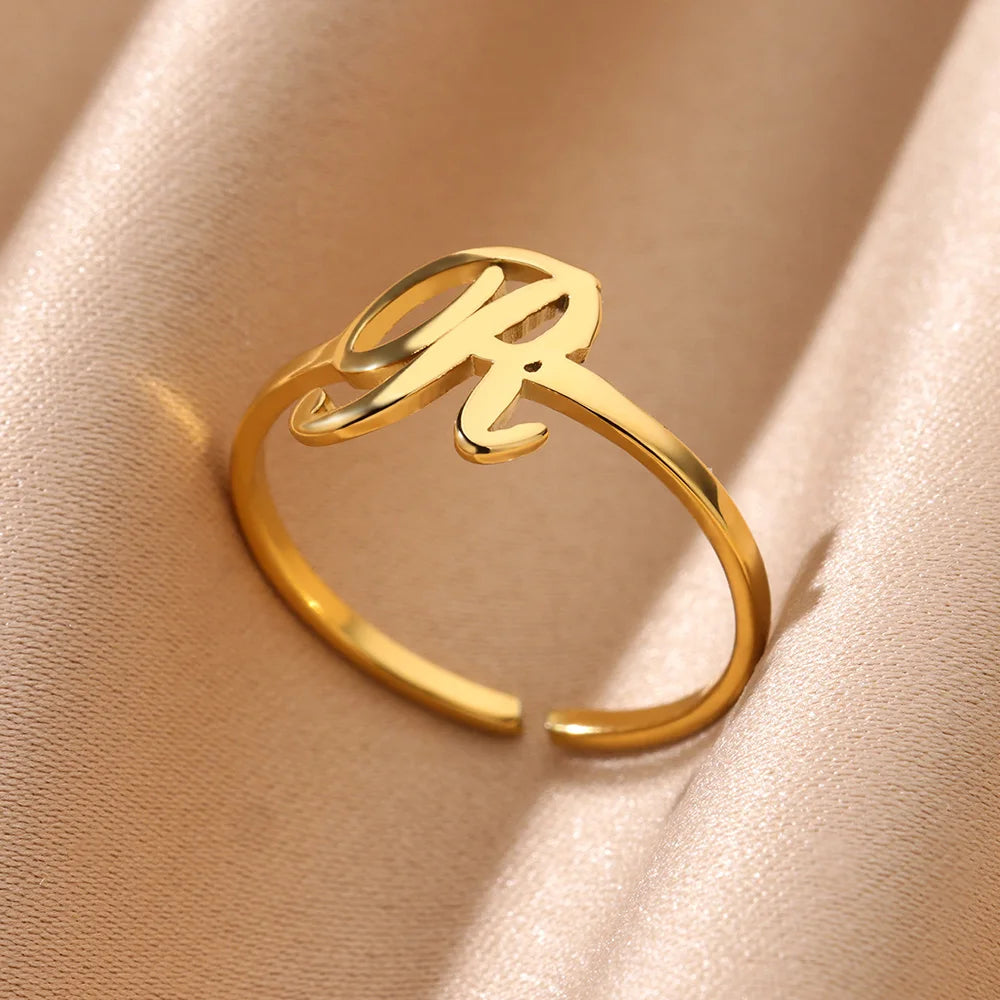 Initial Letter Rings For Women Gold Color Stainless Steel  A-Z Letter Adjustable Ring Aesthetic Wedding Fashion Jewelry Gift BFF