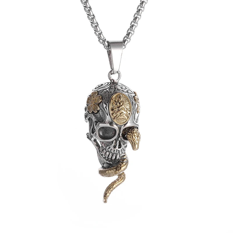 Vintage Gothic Snake Coiled Demon Skull Pendant Necklace for Men Boys Rock Party Halloween Jewelry Gift