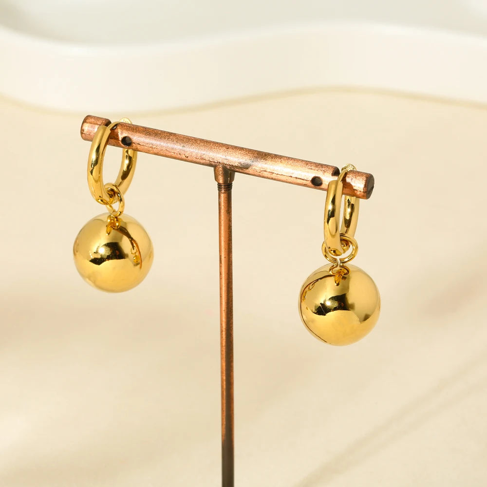 New 16K Gold Plated Convertible Earrings Stainless Steel Round Ball Dangle Earrings for Women Waterproof Jewelry Gift