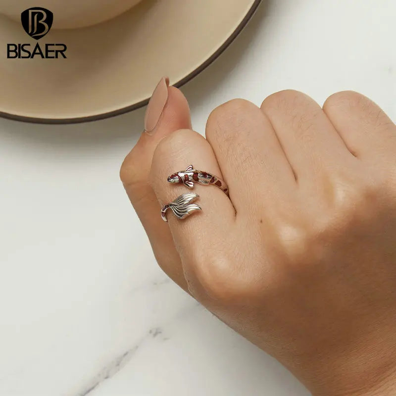 BISAER 100% 925 Plata esterlina Koi Carp Jewelry Set Pendientes Anillo ajustable Chapado en platino para mujeres afortunadas Regalo de joyería fina