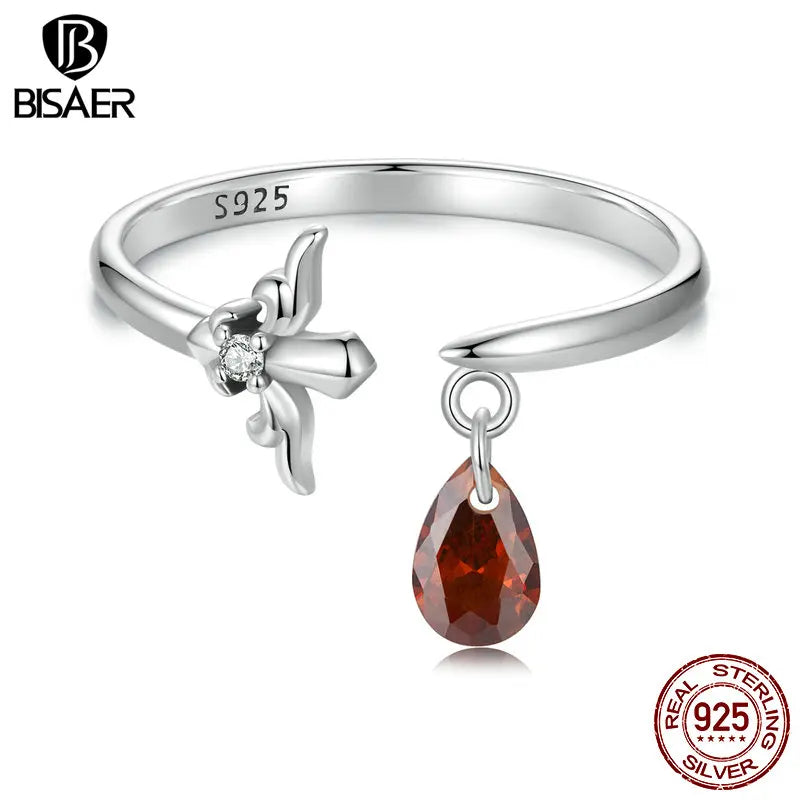 BISAER Real 925 Sterling Silver Vintage Sword Open Ring Water Drop Zircon Band Adjustable Size 5-9 for Women Party Fine Jewelry