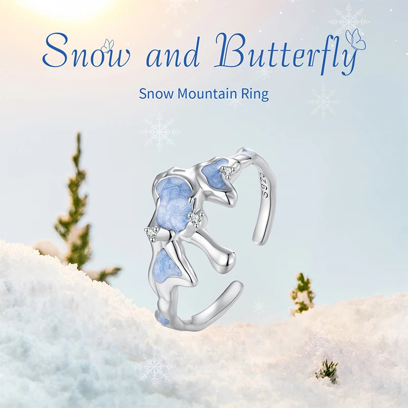 BISAER 925 Sterling Silver Snow Mountain Open Ring Snowflake Adjustable Size Band plated White Gold for Women Party Fine Jewelry