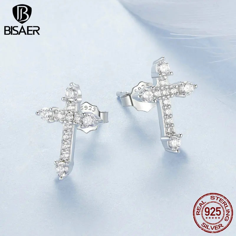 BISAER 925 Sterling Silver Sparkling Cross Stud Earrings Pavé Setting Zircon Plated White Gold Fine Jewelry For Woman Party Gift