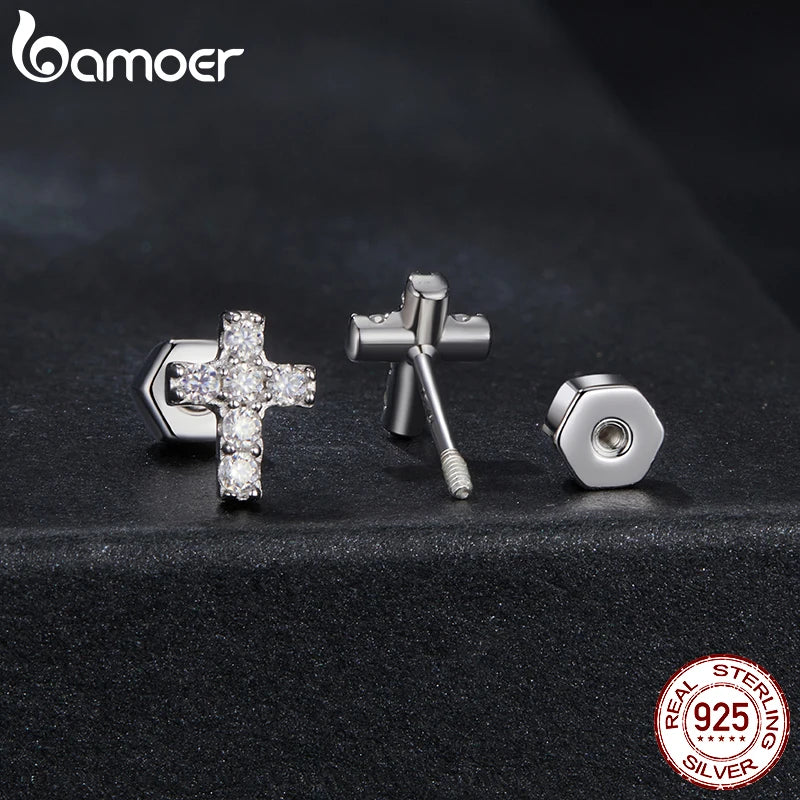 Collier et boucles d'oreilles en forme de croix en moissanite plaqué or blanc BAMOER pour femme, argent sterling 925, petits bijoux religieux de Noël