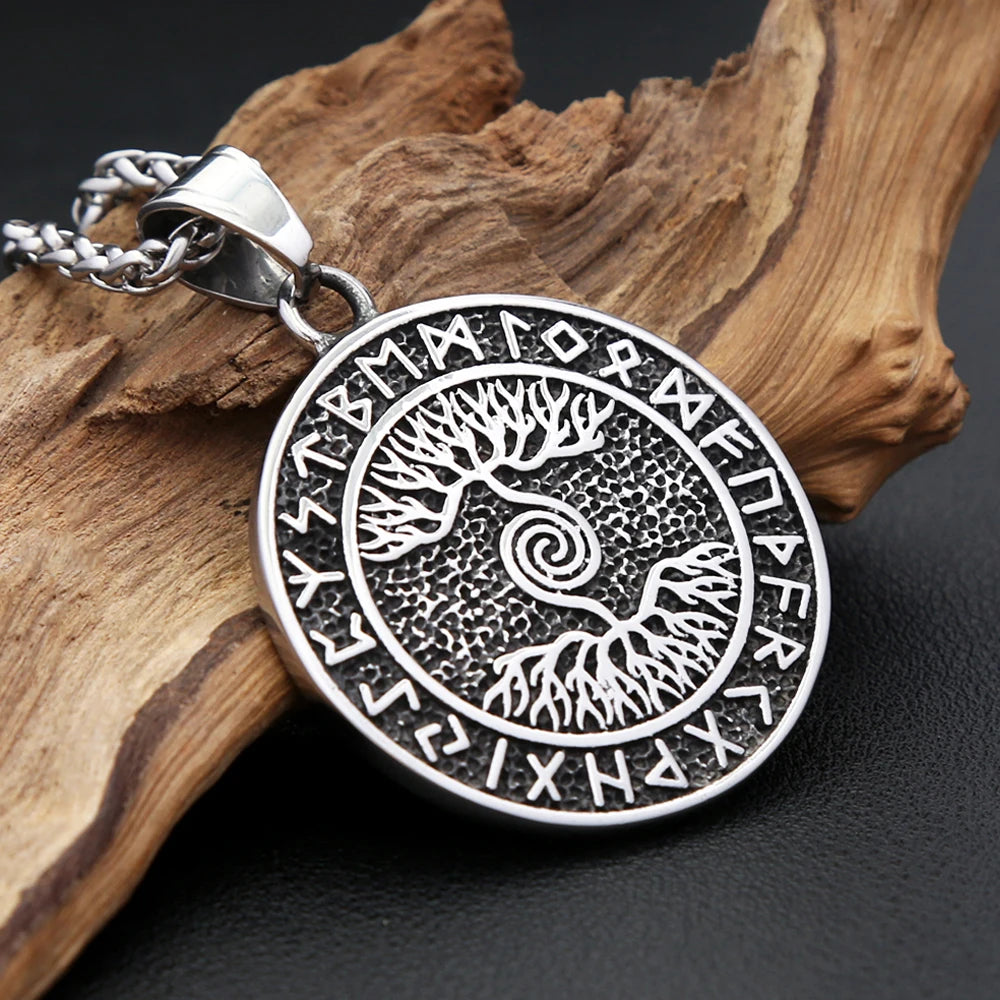 Classic Vintage Stainless Steel Viking Tree Of Life Necklace For Women Men Nordic Runes Pendant Amulet Scandinavian Jewelry Gift