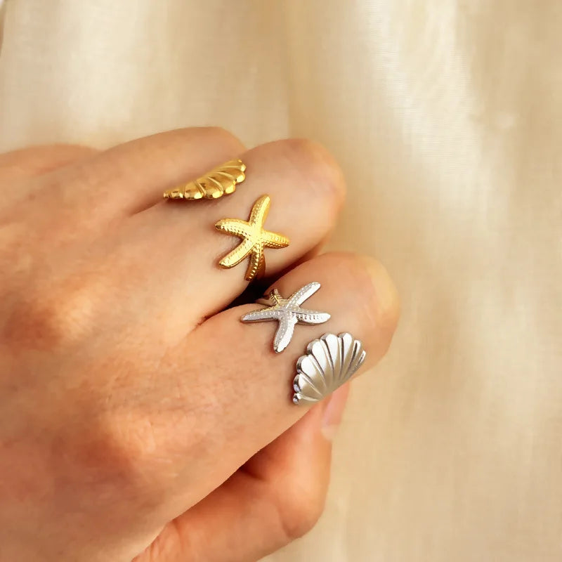 Ocean Starfish Shell Open Rings For Women Men Gold Color Stainless Steel Ring Wedding Couple Engaement Jewelry Summer Beach Gift