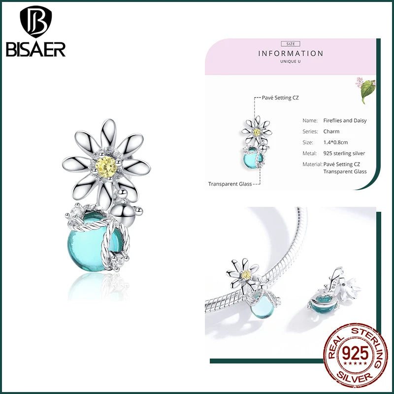 BISAER 925 Sterling Silver Pink Blue Glass Pendant Bow Beads Charm Plated Platinum for Necklace & Bracelet DIY Fine Jewelry Gift