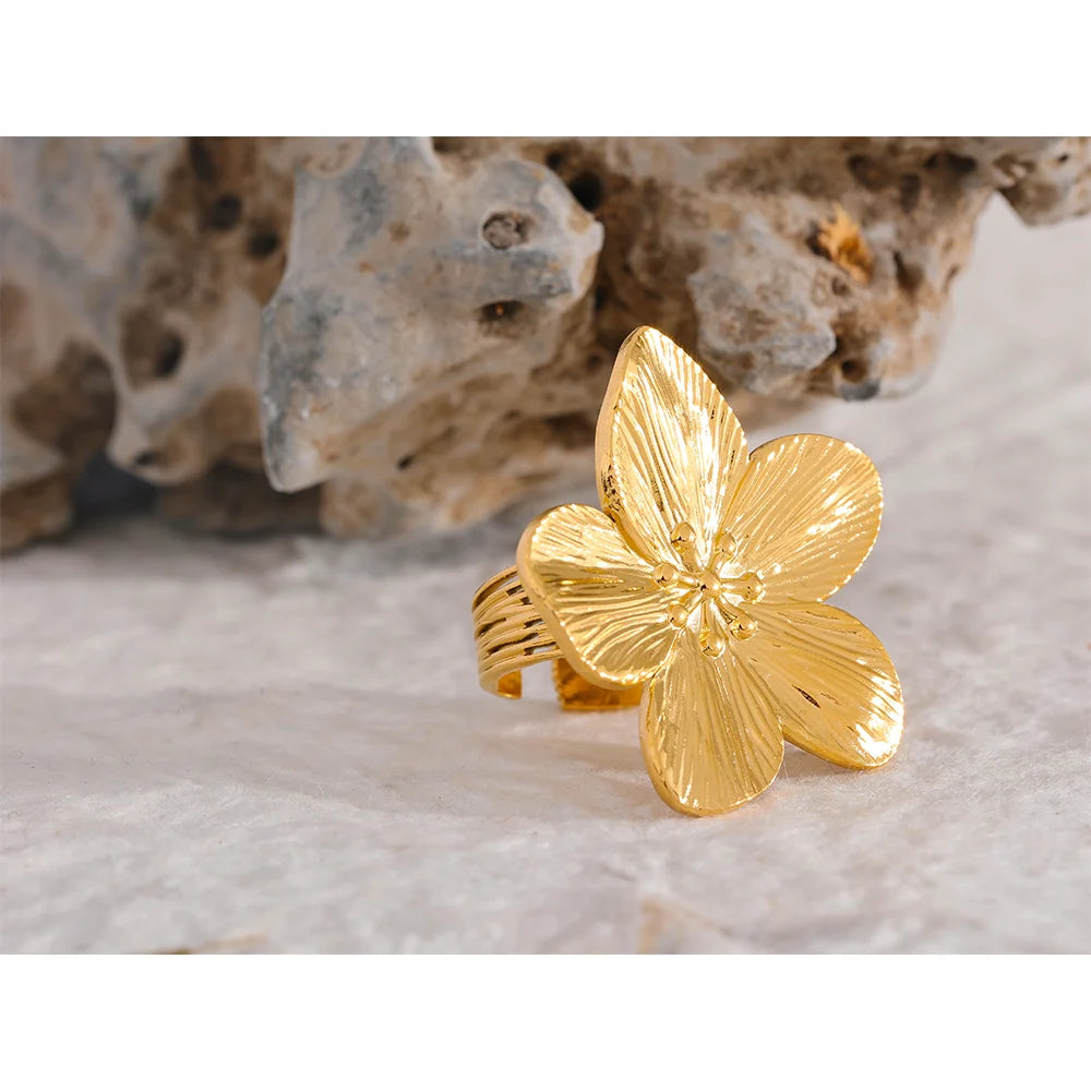 Gold Color Stainless Steel Big Flower Open Ring for Women