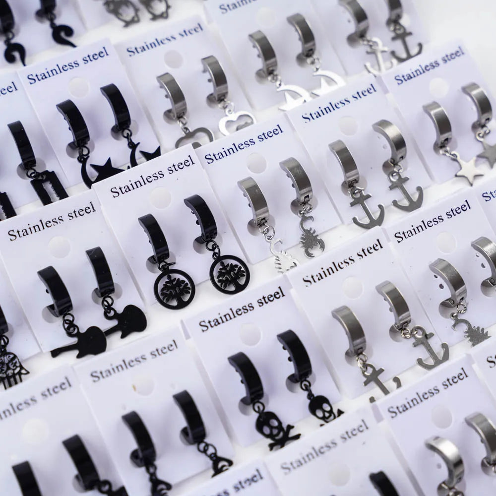 20Pcs/Lot 4mm Punk Stainless Steel Stud Earrings with Moon Star Pendants for Men Women Hip Hop Piercing Ear Jewelry Accessories