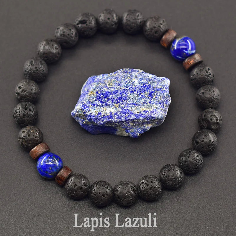 Natural Blue Sandstone Round Beads Bracelet Men Women Vintage Volcanic Stone Jewelry Relieve Anxiety Wristband Birthday Gift