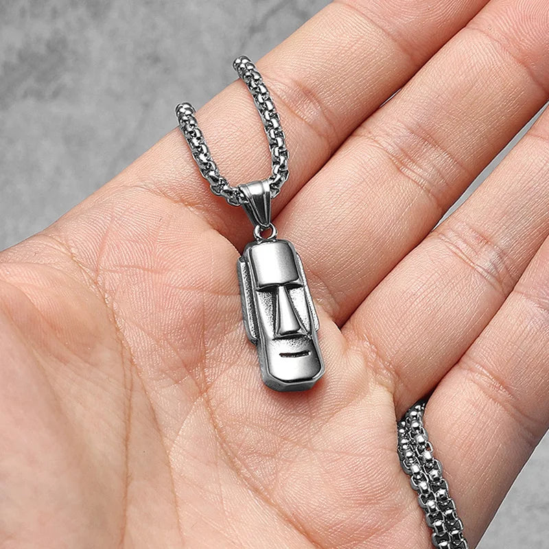 Moai Pendants Statue Necklaces 316L Stainless Steel Men Hip Hop Chain Punk Rock Trendy for Male Biker Jewelry Creative Xmas Gift