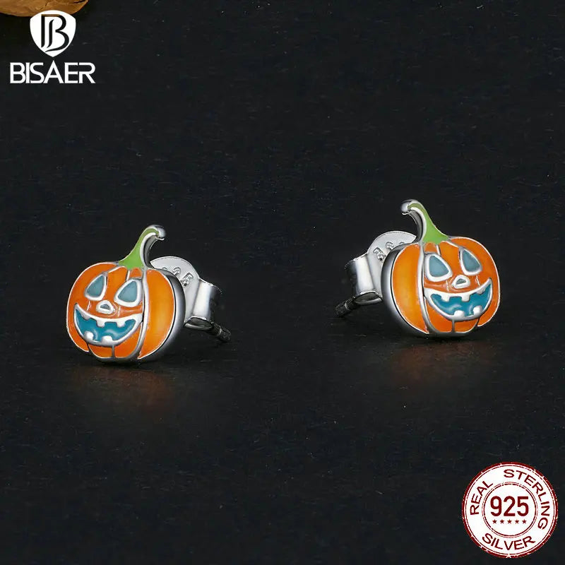 BISAER 925 Sterling Silver Glow-in-the-dark Pumpkin Stud Earrings Luminous Earrings for Women Party Halloween Fine Jewelry Gift