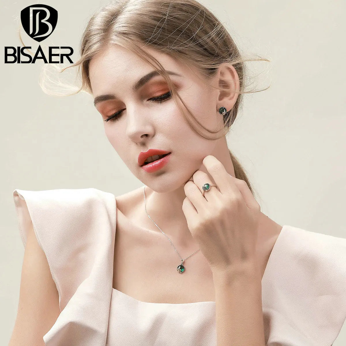 BISAER Real 925 Sterling Silver Green Mermaid Jewelry Set Necklace Earrings For Women Beach Party Original Fine Jewellery