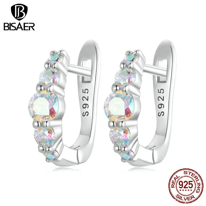 BISAER 925 Plata esterlina Arcoiris Zircon Hebillas Para Mujer Elegante Aro De Ensueño Pendientes Platino Plateado Joyería Fina EFE960