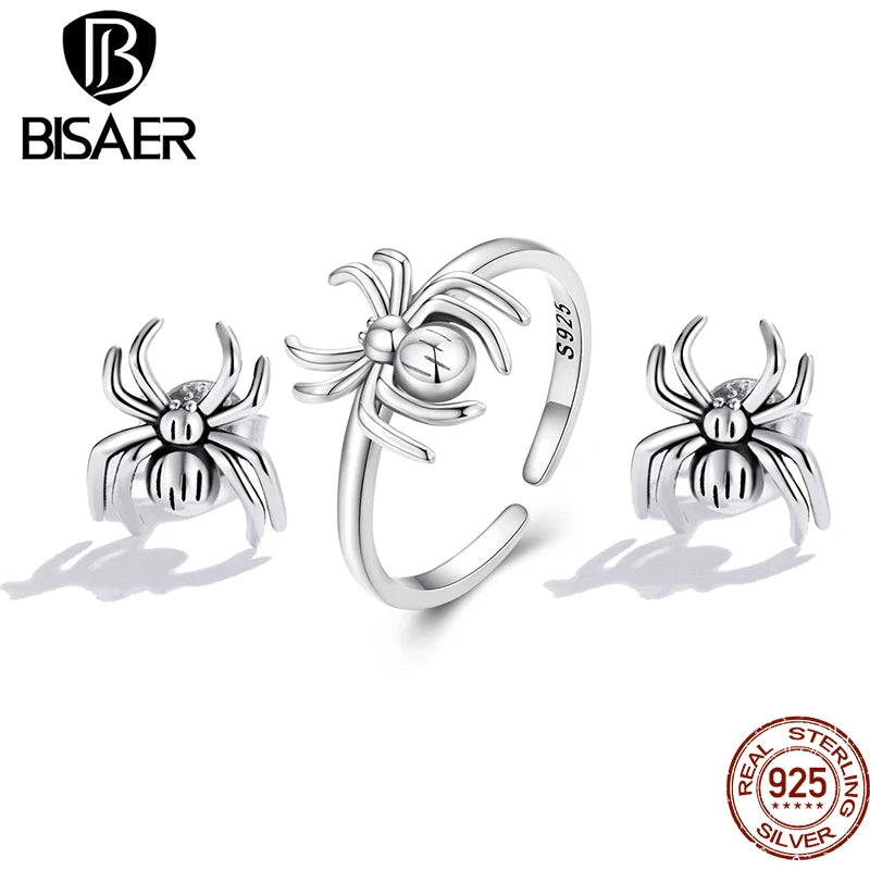 BISAER 100% 925 Sterling Silver Spider Jewelry Sets Animal Open Ring Eearrings For Women Party Halloween Gift Fine Jewelry