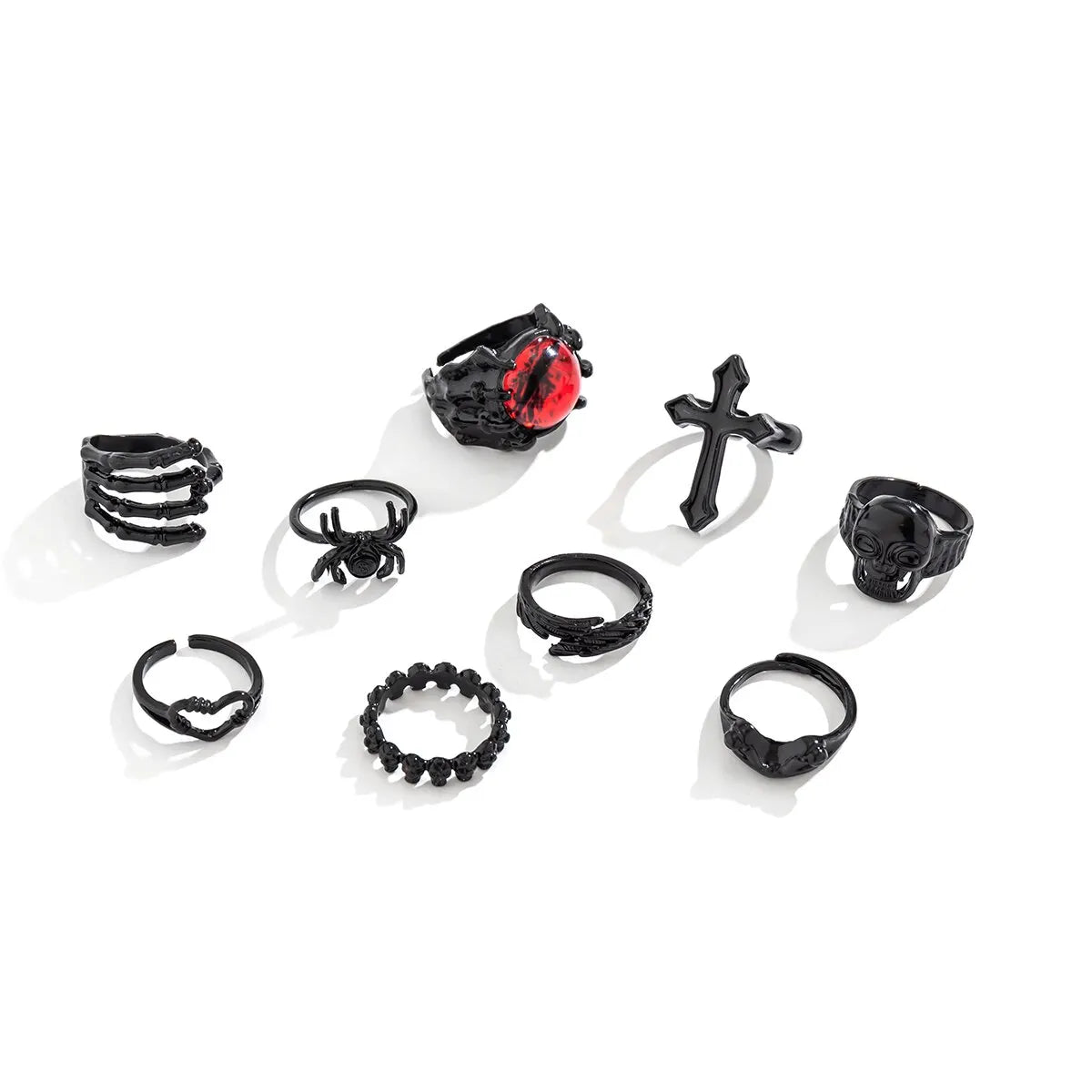 9Pcs/Set Goth Black Devil Eye Skull Spider Palm Rings for Women Vintage Cross Jesus Love Heart Rings Halloween Jewelry Gift New