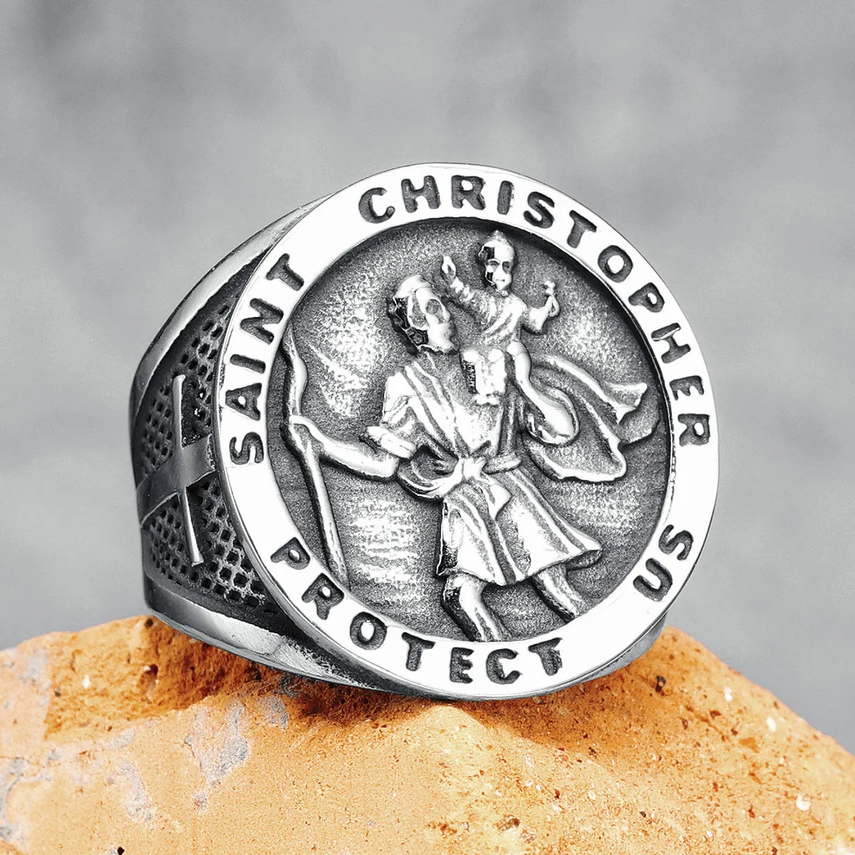 St Christopher Ringe 316L Edelstahl Männer Schutzheiliger Kreuz Ring Traveller Amulett Punk Rock für männliche Reiter Schmuck Bestes Geschenk