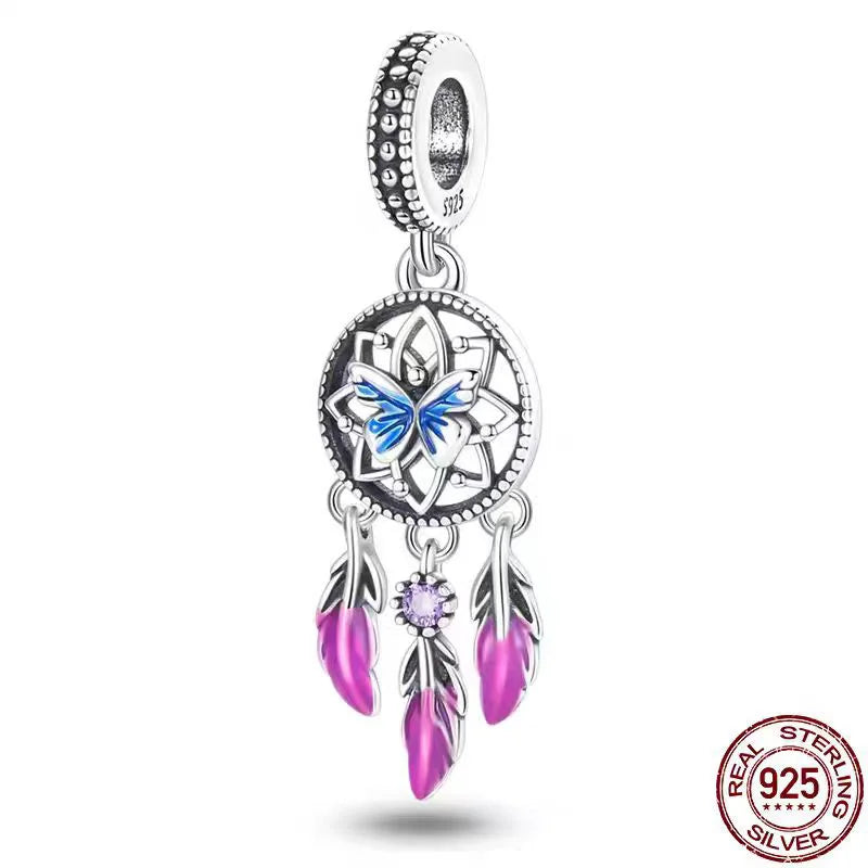 New 925 Sterling Silver Crescent Moon Dream Catcher Safety Chain Pendant Fit 4mm Aperture Bracelet Snake Chain Beaded Women Gift