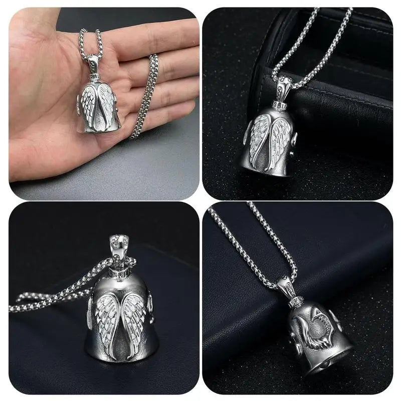 Vintage Cross Wings Angel Guardian Bell Motorcycle Necklace for Men Fashion Charm Bell Pendant Rider Jewelry Gift