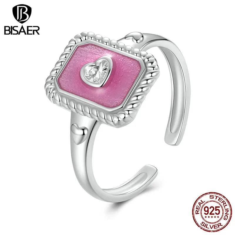 BISAER Bague ouverte vintage en argent sterling 925 avec cœur rose et bande carrée réglable plaquée or blanc pour femme, bijoux fins de fête