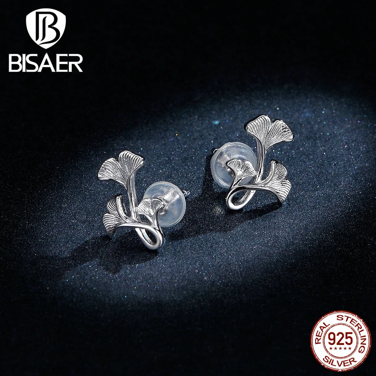 BISAER 925 Sterling Silver Ginkgo Leaf Ring Stud Earrings Necklace 14K Gold Plated for Elegant Women Party Fine Jewelry Set Gift