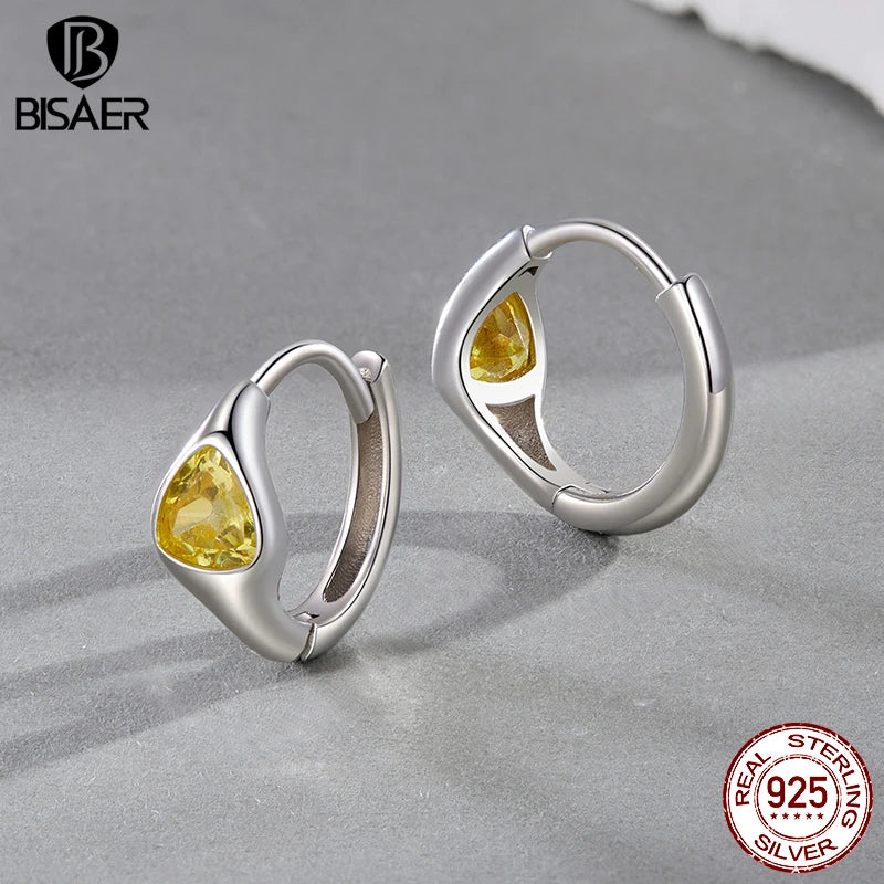 BISAER 925 Sterling Silver Metalness Statement Hoop Earrings Yellow Zircon Stud Earring Plated Gold for Women Party Fine Jewelry