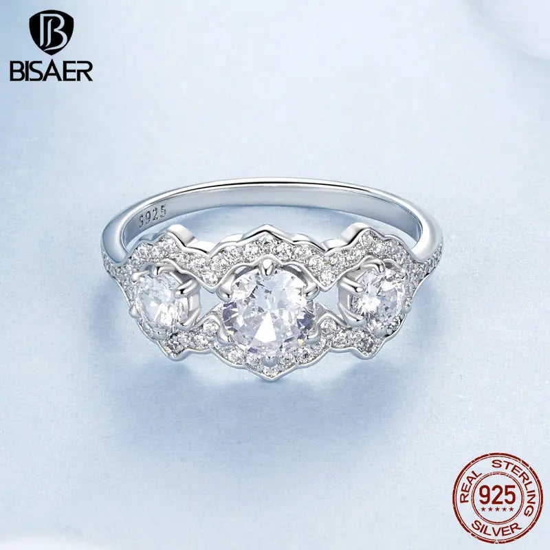 BISAER 925 Sterling Silver Sparkling Star Ring Statement Dazzle Zircon Band Plated White Gold for Woman Wedding Fine Jewelry