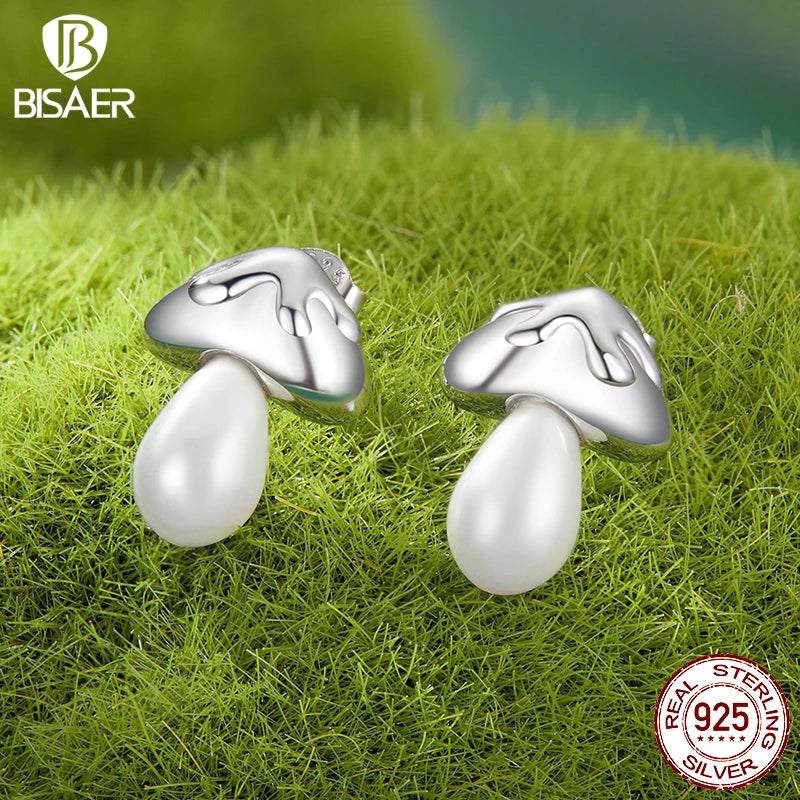 BISAER 100% 925 Sterling Silver Cute Mushroom Stud Earrings Pearl Stud Ear Plated White Gold For Women Party Fine Jewelry Gift